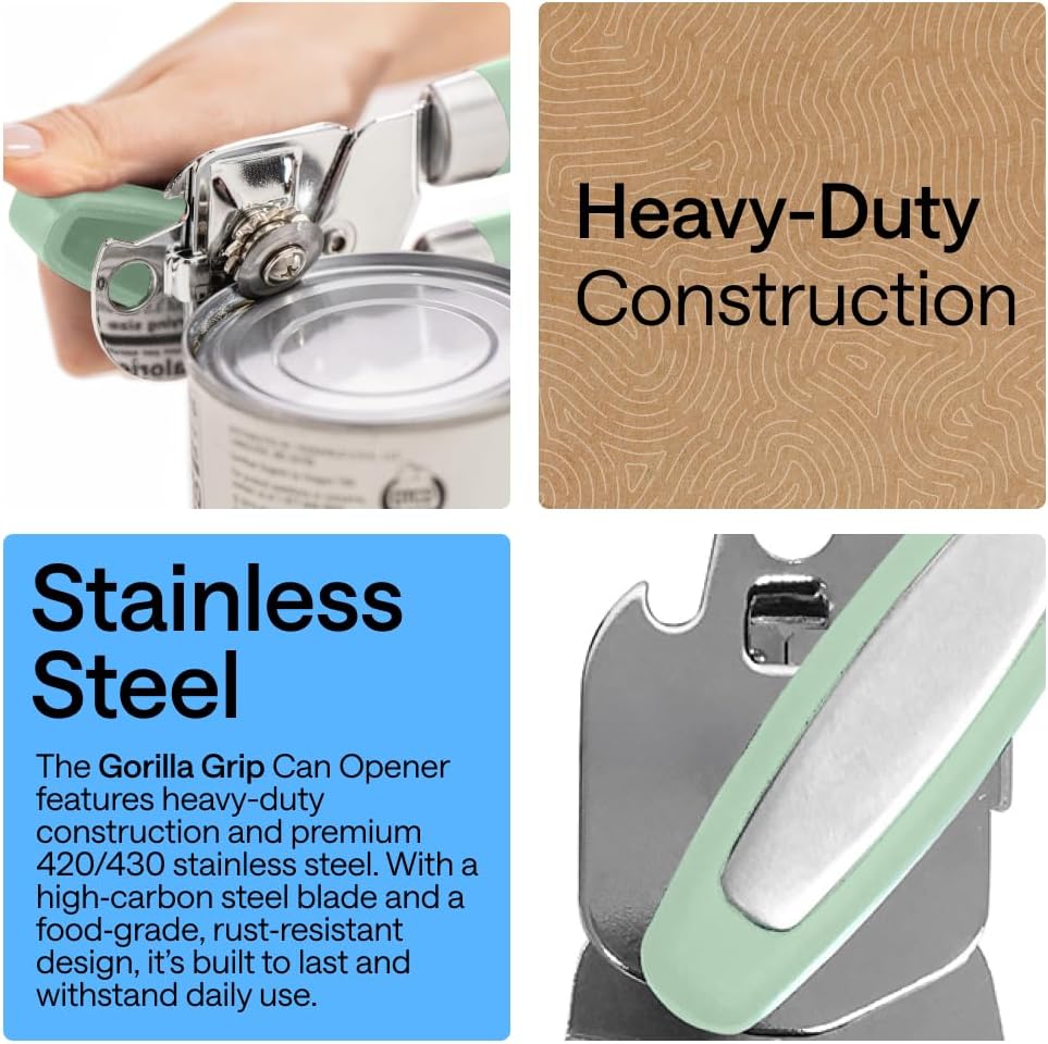 GORILLA GRIP Original Model Stainless Steel Smooth Edge Manual Can Opener and Bottle Openers, US Designed, Comfortable Handle, Oversized Handheld Turn Knob, Multifunctional Kitchen Tool, Gray