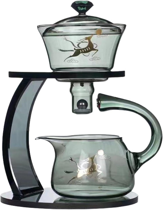 Glass Teapot Set Semi Automatic Drip Rotating with Infuser Chinese Heat-Resistant Lazy Kungfu Tea Set with 6pcs Teacups (Clear)