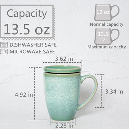 Bosmarlin Ceramic Tea Cup with Infuser and Lid, 13.5 Oz, Loose Leaf Tea Steeper Mug with Strainer, Microwave and Dishwasher Safe, Reactive Glaze (13.5 Oz, Pale Green)