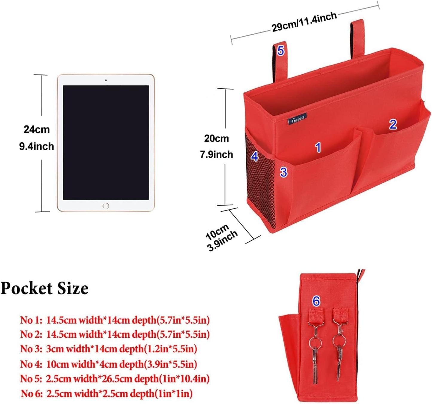 Surblue Bedside Caddy Hanging Organizer Storage Bag Pocket for Bunk, Hospital, College Dorm Rooms, Baby Bed Rails, Camp - 4 Pockets, 2 Hooks (Blue)