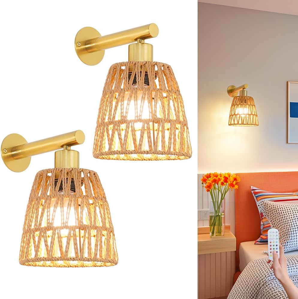 Boho Battery Operated Wall Sconces, Rattan Wall Sconce Set of 2 with Remote, RGB 15 Colors Dimmable Rechargeable Wall Light, Black Indoor Wireless Wall Lamp, Farmhouse Rattan Wall Lighting for Bedroom