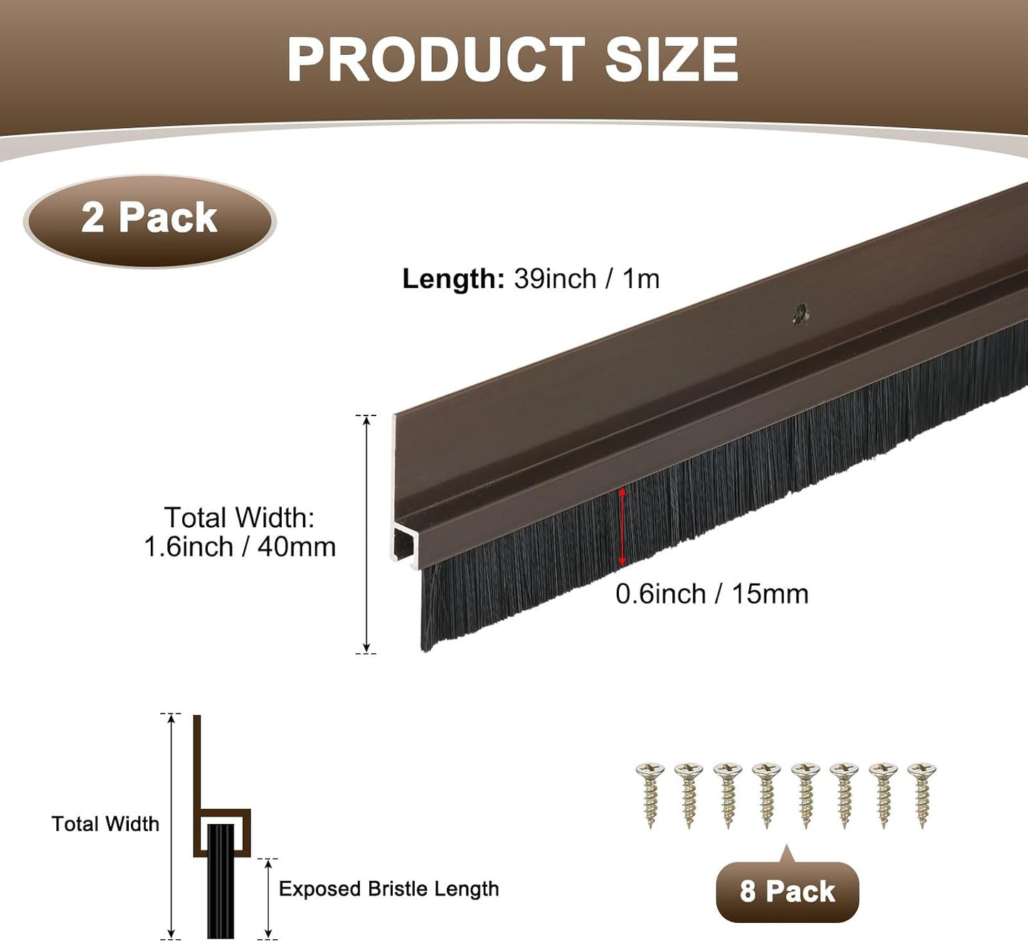M METERXITY 2Pack Door Sweep - 39" Door Bottom Brush Heavy Duty Seal Draft Stopper Aluminum Base with 20mm Brush, Adhesive/Screw Installation for Interior/Exterior/Garage/Sliding Doors, Black