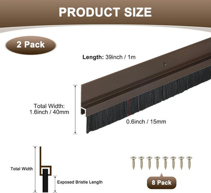M METERXITY 2Pack Door Sweep - 39" Door Bottom Brush Heavy Duty Seal Draft Stopper Aluminum Base with 20mm Brush, Adhesive/Screw Installation for Interior/Exterior/Garage/Sliding Doors, Black