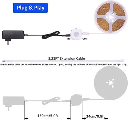 JOYLIT Dotless Motion Sensor COB LED Strip Kit 16.4FT 6000K Indoor | Dual Day/Night Modes, 0-300S Auto-off Delay, 320 LEDs/M Cool White, Includes 12V Adapter, PIR Sensor, Extension Cord