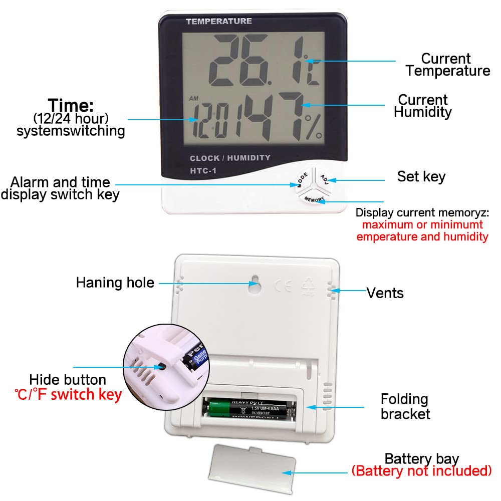 Temperature Humidity Meter,LCD Electronic Digital Outdoor/Indoor Thermometer Hygrometer with Clock Time Humidity Monitor for Home,Bedroom,Pet,Reptile,Plant,Greenhouse,Basement,Guitar (HTC-1)
