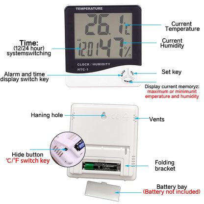 Temperature Humidity Meter,LCD Electronic Digital Outdoor/Indoor Thermometer Hygrometer with Clock Time Humidity Monitor for Home,Bedroom,Pet,Reptile,Plant,Greenhouse,Basement,Guitar (HTC-1)