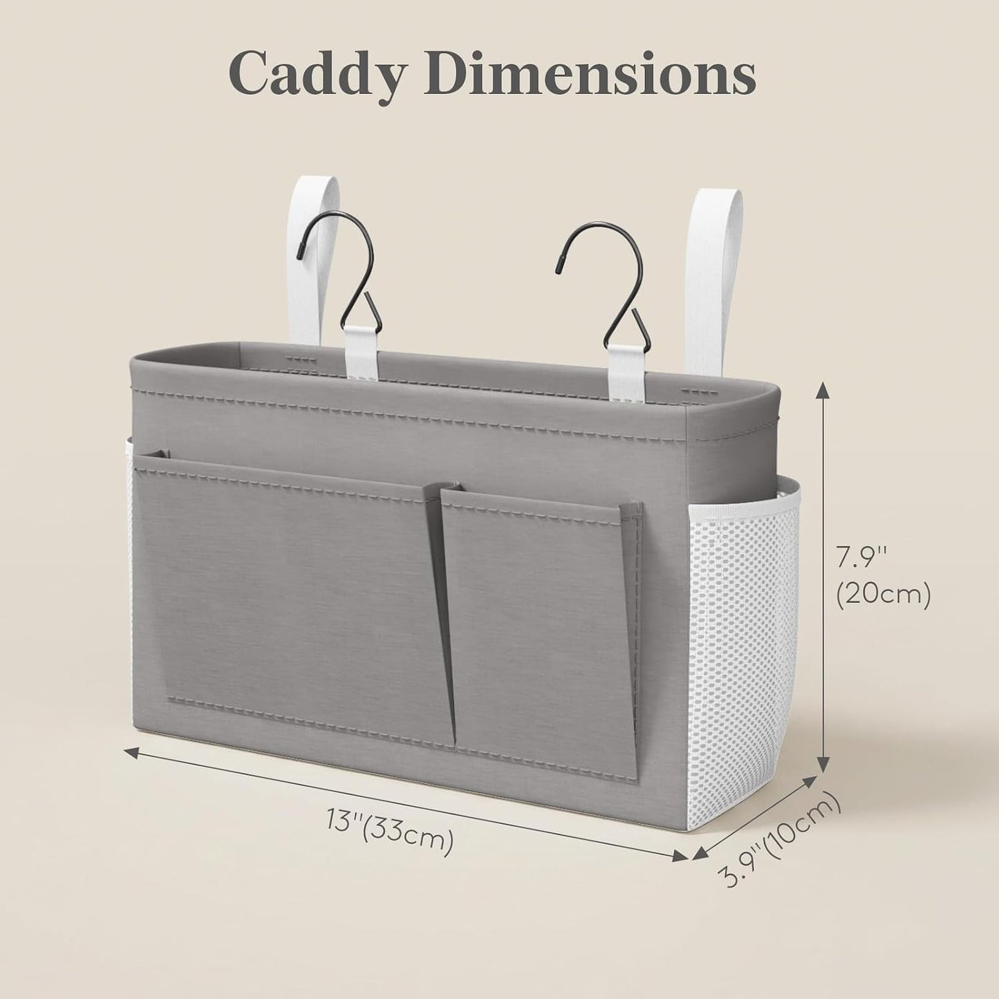 Lifewit Bedside Caddy Storage Organizer, Hanging Storage Bag with Fixed Straps, Book Remotes Holder for Home, College, Dorm, Bunk, Hospital, Crib Bed Rails, White