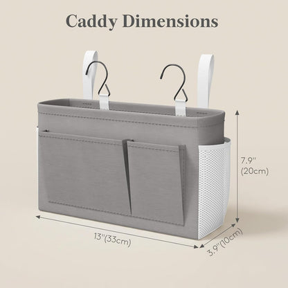 Lifewit Bedside Caddy Storage Organizer, Hanging Storage Bag with Fixed Straps, Book Remotes Holder for Home, College, Dorm, Bunk, Hospital, Crib Bed Rails, White