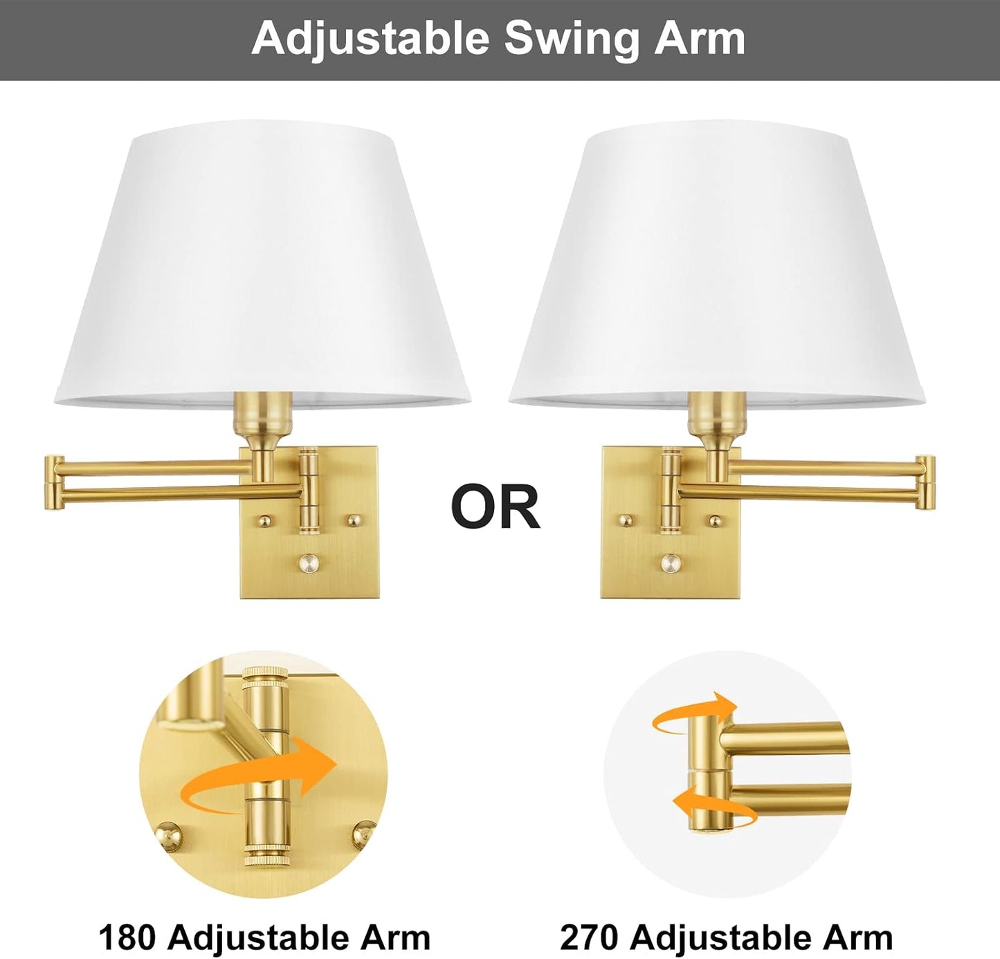 TRLIFE Wall Sconce Plug in, Dimmable Wall Sconces Set of Two Swing Arm Wall Lights with Plug in Cord and On/Off Dimmer Rotary Switch, 9.4" Medium Beige Fabric Shade(2 Pack, 2 Bulbs)