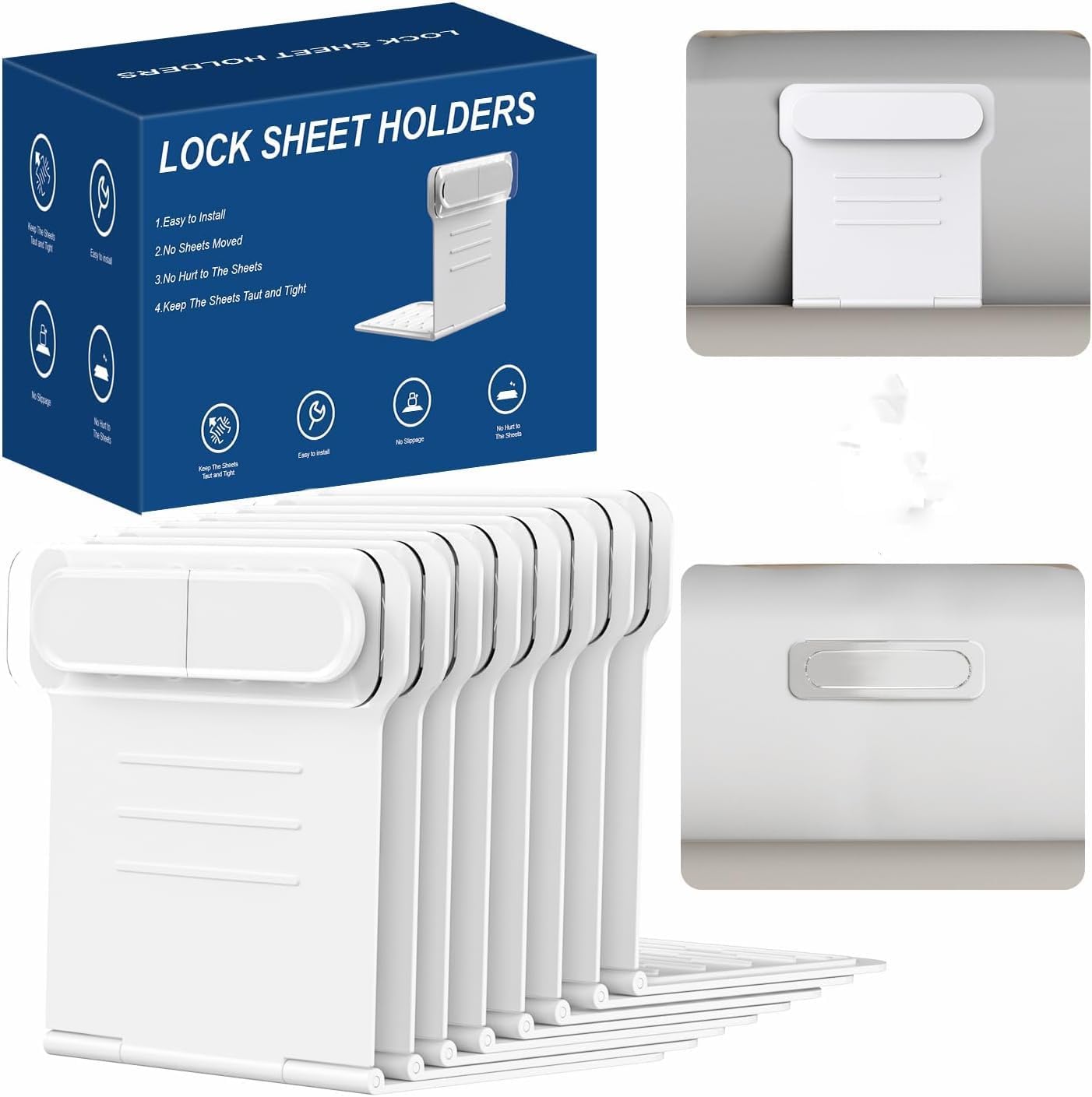 Bed Sheet Holders for Corners,Fitted Sheet Holders Keep Sheets Firm & Tight,Sheet Locks Easy One-Time Installation and No More Loose Sheet