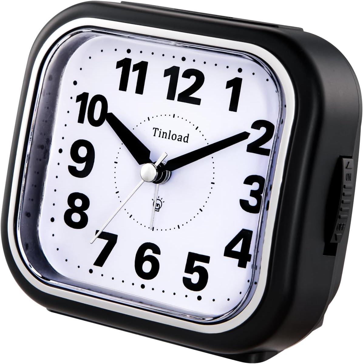 Tinload 4.3" No Ticking Analog Alarm Clock,Silent Readable for Seniors,Easy to Set,Gradual Rise Alarm,Big Numbers,On/Off Switch on Side,Gentle Wake,Snooze,Lighted on Demand,Battery Operated,Black