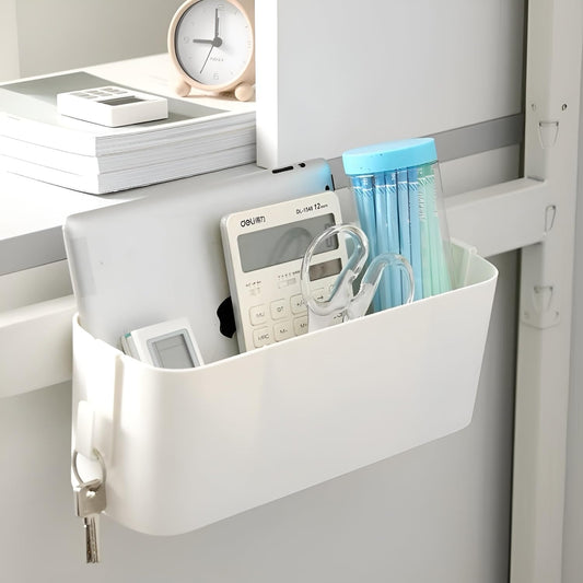 Bedside Caddy Organzier, Bunk Bed Shelf Accessories for Dorm, Bed Caddy Hanging with Hooks for Remotes, White, 11 lbs Capacity
