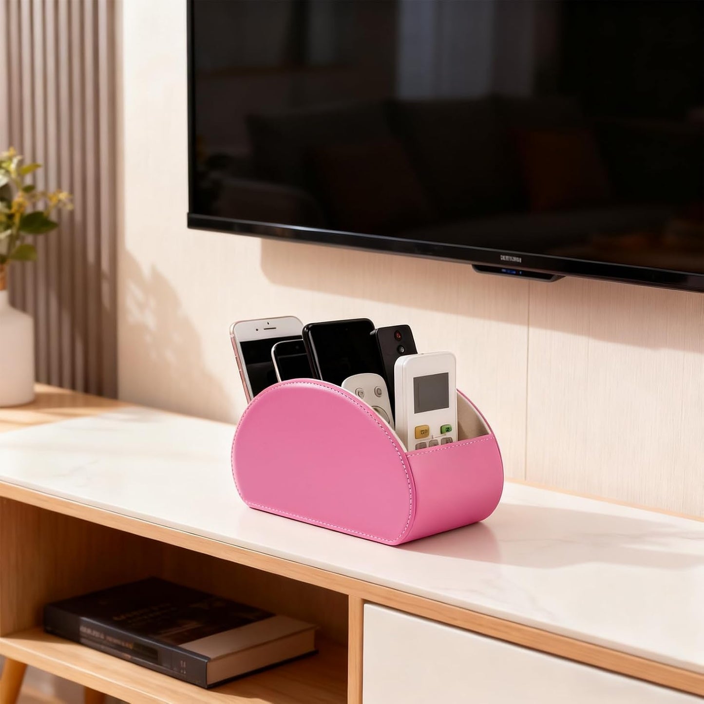 Remote Control Holders Organizer Box with 5 Compartment PU Leather Caddy | Multi-functional Office Desk Storage Caddy Store Tv Remote for Media Player,Brush,Pencil,Glassees&Office Supplies