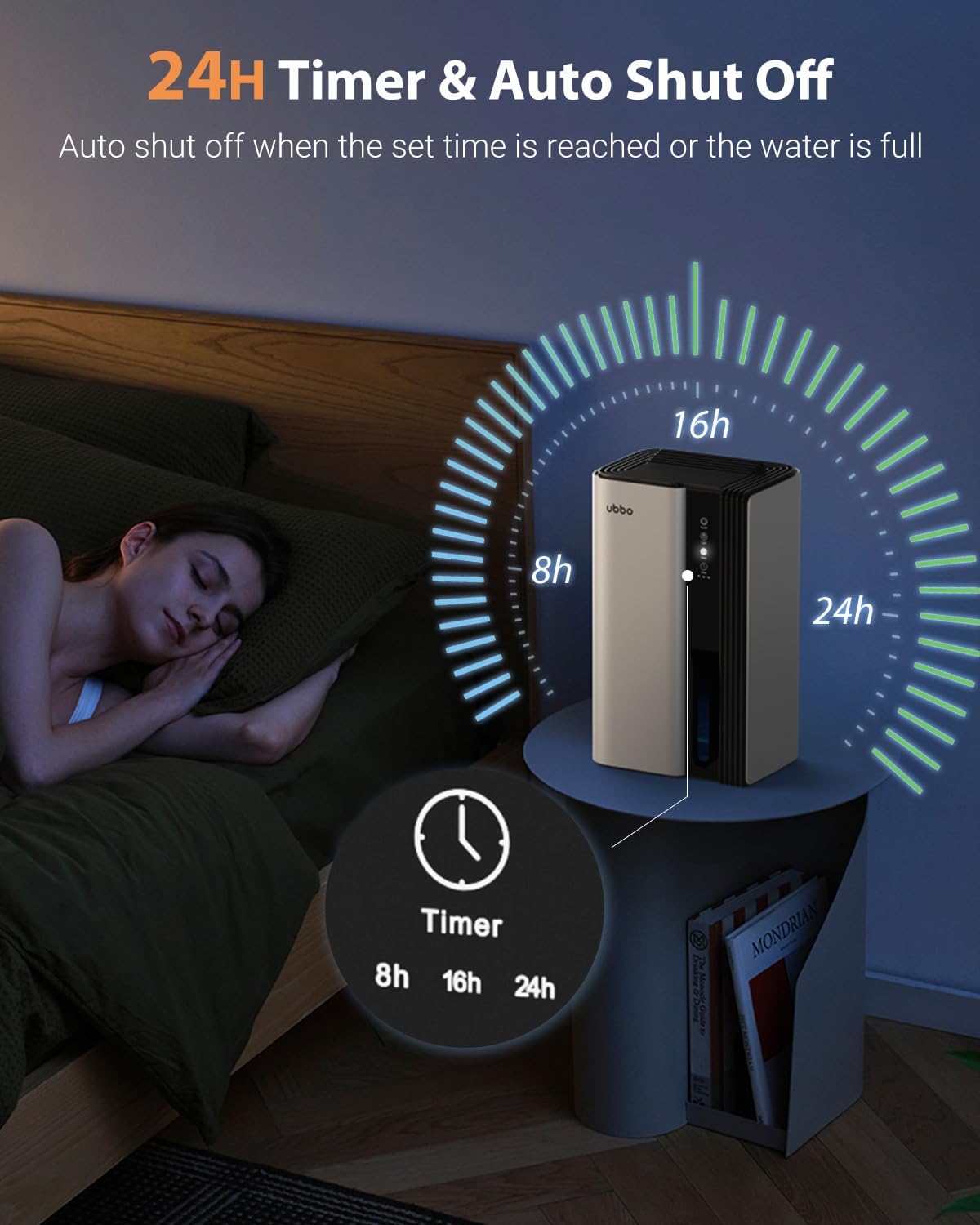 UBBO 95oz Dehumidifiers for Home, 1000 Sq.Ft Dehumidifier with Drain Hose - Auto Shut Off, Timer, Sleep Mode & Drain Hose - 7 Color Light for Bedroom, Bathroom, RV - Black