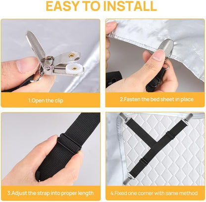 FGY Bed Sheet Straps Adjustable Elastic Fasteners with Metal Clips for Tablecloth Bedding