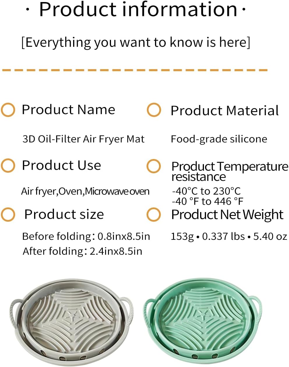 2-Pack Round Silicone Liner with Handles, Reusable Non-Stick Heat Resistant Baking Mat, Cooking Pad Compatible with Air Fryer, Oven & Microwave Accessories