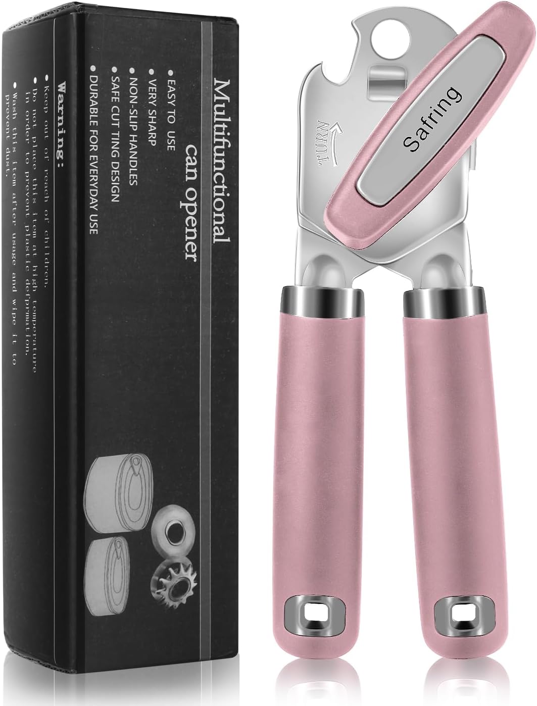 Safring Can Opener Manual, Heavy Duty Handheld Strong Can Opener with Soft Touch Handle, Sharp Blade Smooth Edge, Can Openers with Multifunctional Bottle Opener, Black