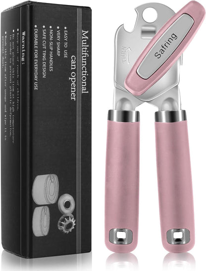 Safring Can Opener Manual, Heavy Duty Handheld Strong Can Opener with Soft Touch Handle, Sharp Blade Smooth Edge, Can Openers with Multifunctional Bottle Opener, Black