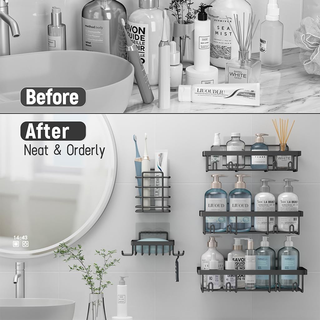 Liuoud 5 Pack Shower Caddy for Inside Shower, Gold Bathroom Storage Decor | Large Rustproof Stainless Steel Organizer with Strong Adhesive, No Drilling Wall Mounted Shelves, Bathroom Accessory Set