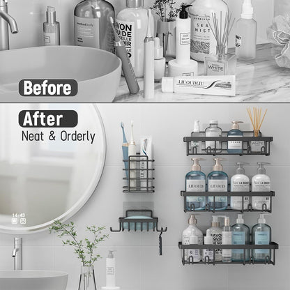 Liuoud 5 Pack Shower Caddy for Inside Shower, Gold Bathroom Storage Decor | Large Rustproof Stainless Steel Organizer with Strong Adhesive, No Drilling Wall Mounted Shelves, Bathroom Accessory Set