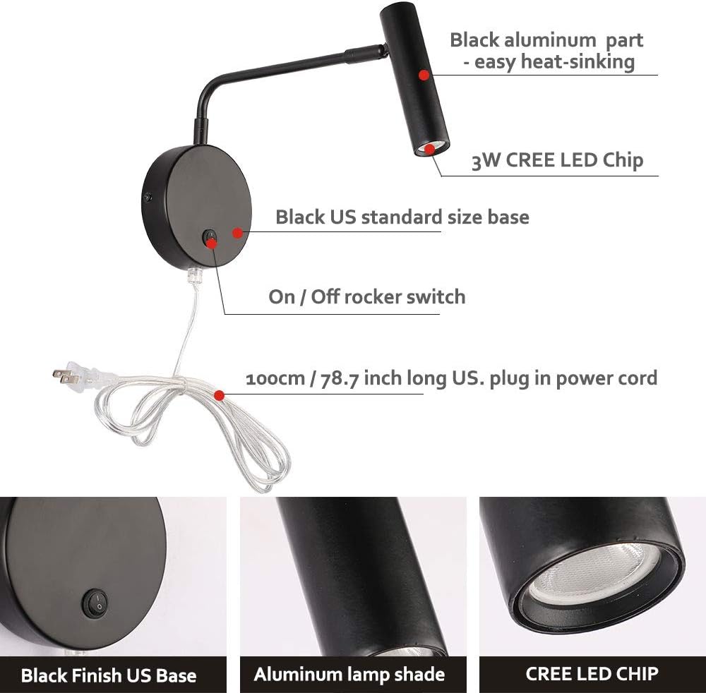 Joossnwell Wall Lamps that Plug in, Bronze Metal Industrial Wall Spotlight with Switch on Off for Home Bedside Lighting Fixtures Warm White 3000K 1 Pack