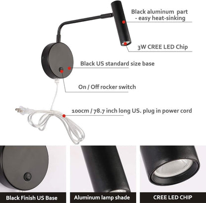 Joossnwell Wall Lamps that Plug in, Bronze Metal Industrial Wall Spotlight with Switch on Off for Home Bedside Lighting Fixtures Warm White 3000K 1 Pack