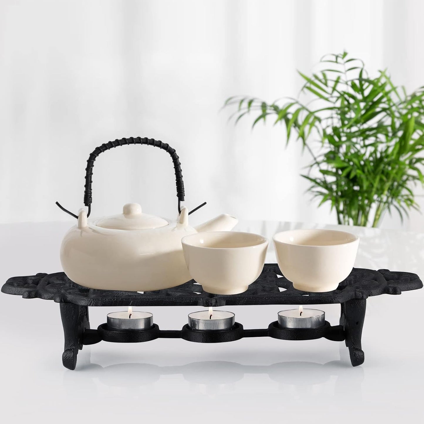 MOLIGOU Cast Iron Teapot Warmer, Teapot Warmer Stand with 3 Tealight Candle Holders, Teapot Heater Base