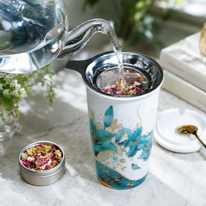 Harmoleaf Tea Gift Set for Women, 6 Loose Leaf Tea Blends with Blue Lily Insulated Ceramic Cup, Stainless Steel Infuser, Lid and Gold Spoon, Birthday, Mother's Day, Anniversary, Retirement Gift for Her