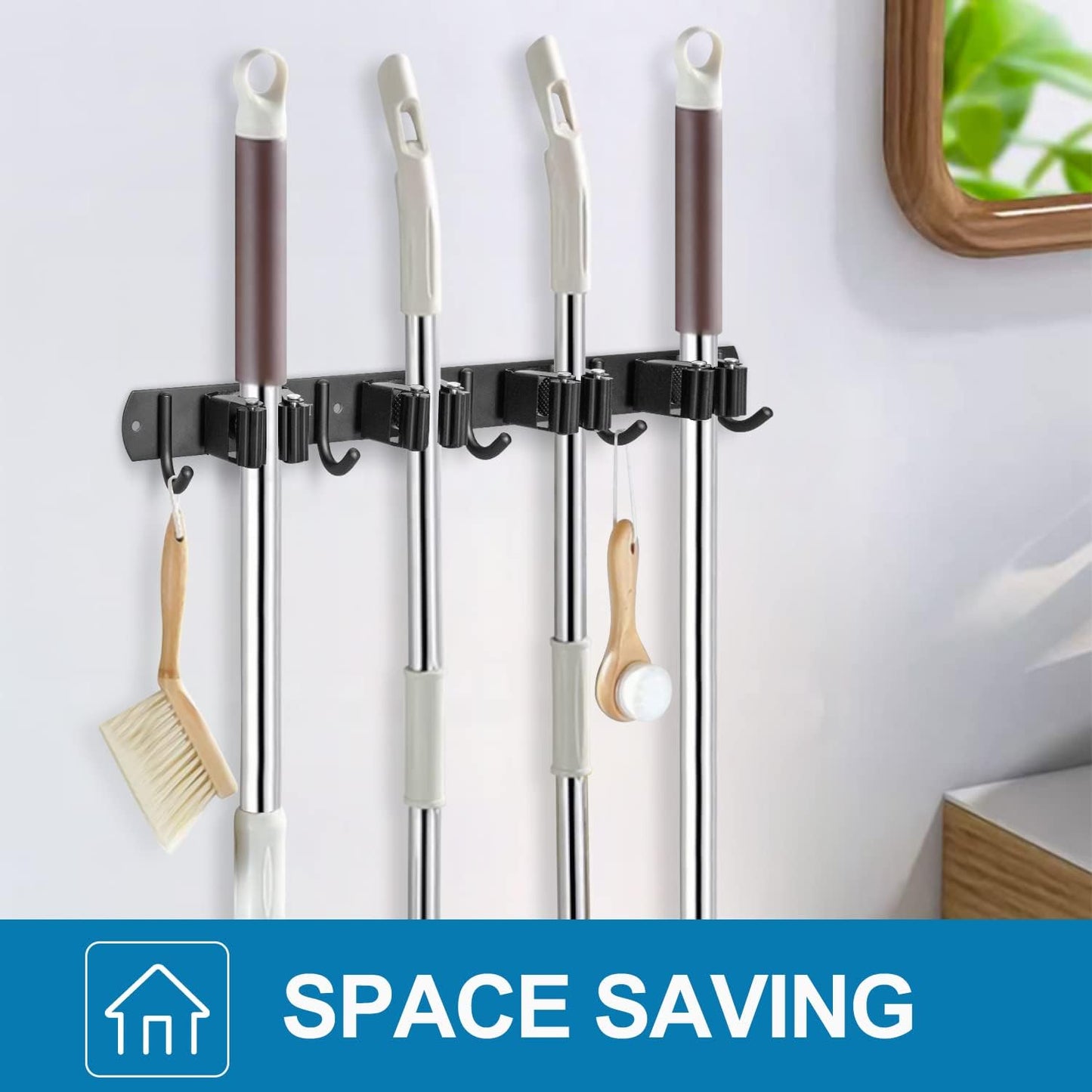 IMILLET Broom Holder Wall Mount, Heavy Duty Garage Organization Mop Hanger | Stainless Steel Broom and Mop Organizer Wall Hanging Self Adhesive for Laundry Room,Garden,Utility
