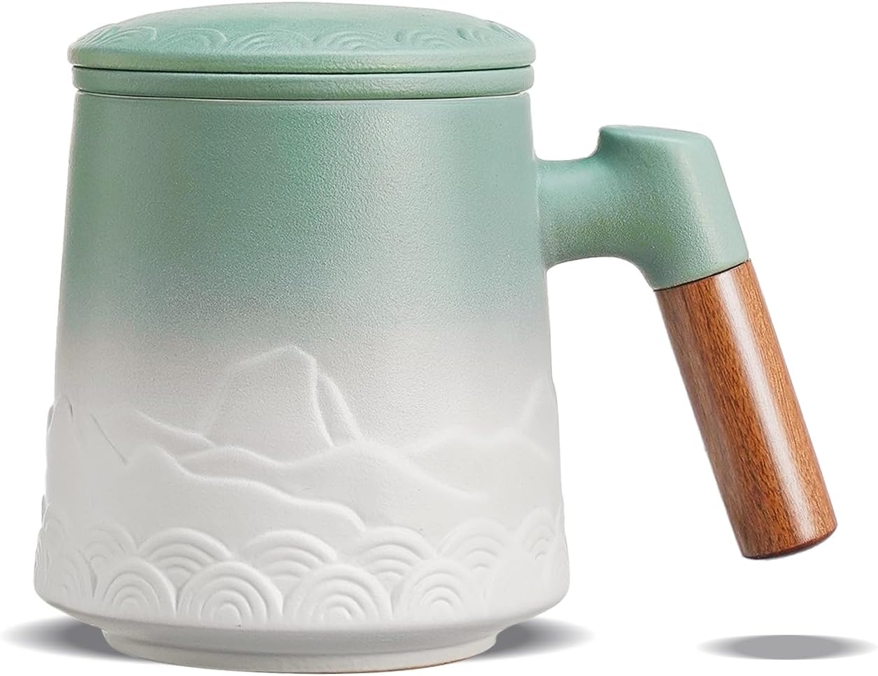 ZENS Tea Mug with Infuser and Lid for Loose Leaf Tea Steeper, 16.9oz Moss | Embossed Ceramic Tea Cup with Infuser for Herbal Tea Difussers, Tea Lovers Gifts, Nature Wood Handle