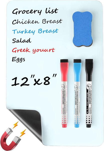 MaxGear Magnetic Dry Erase Board for Fridge, 12 x 8 Inch, Markers Included | Strong Magnetic Backing, Stain Resistant Surface, Easy to Write and Erase, Ideal For To-do Lists, Includes 3 Markers 1 Erase
