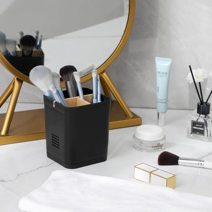 Electric Toothbrush Holder Tooth Brush and Toothpaste Organizer, Black | 3 Slots, Drainage Holes, Removable Bamboo Divider, Ventilation Design, Space-Saving, for Bathroom Countertop, Shower, Vanity