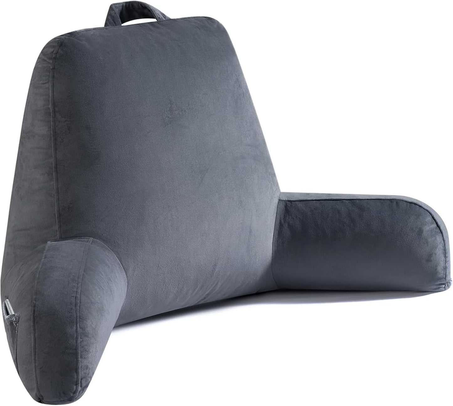 OAISZ Reading Pillow for Sitting in Bed with Shredded Memory Foam, Grey | 19-Inch Back Pillow for Sitting Up in Bed, Extended Arms, Side Pockets, Supportive Adjustable Pillow Removable Washable Cover