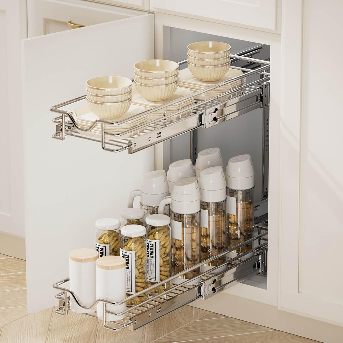 OCG Pull Out Cabinet Organizer (15" W x 21" D), Pull out Drawers, Cabinet Pull Out Shelves for Base Cabinet Organization in Kitchen Bathroom Pantry, Bottom Mount, Chrome Finish