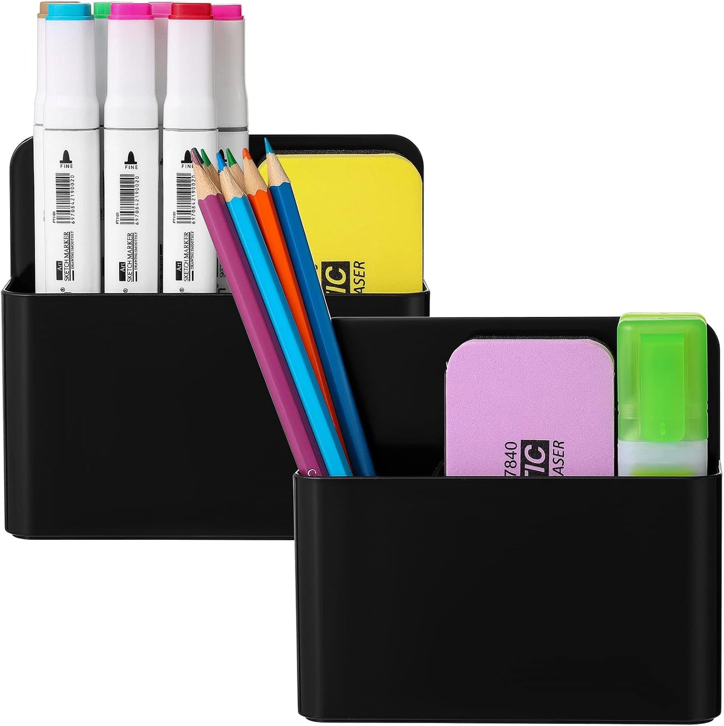 Marbrasse Magnetic Dry Erase Marker Holder,Pen and Eraser Holder for Whiteboard，Magnet Pencil Cup Utility Storage Organizer for Office, Refrigerator, Locker and Metal Cabinets (2 Pack)