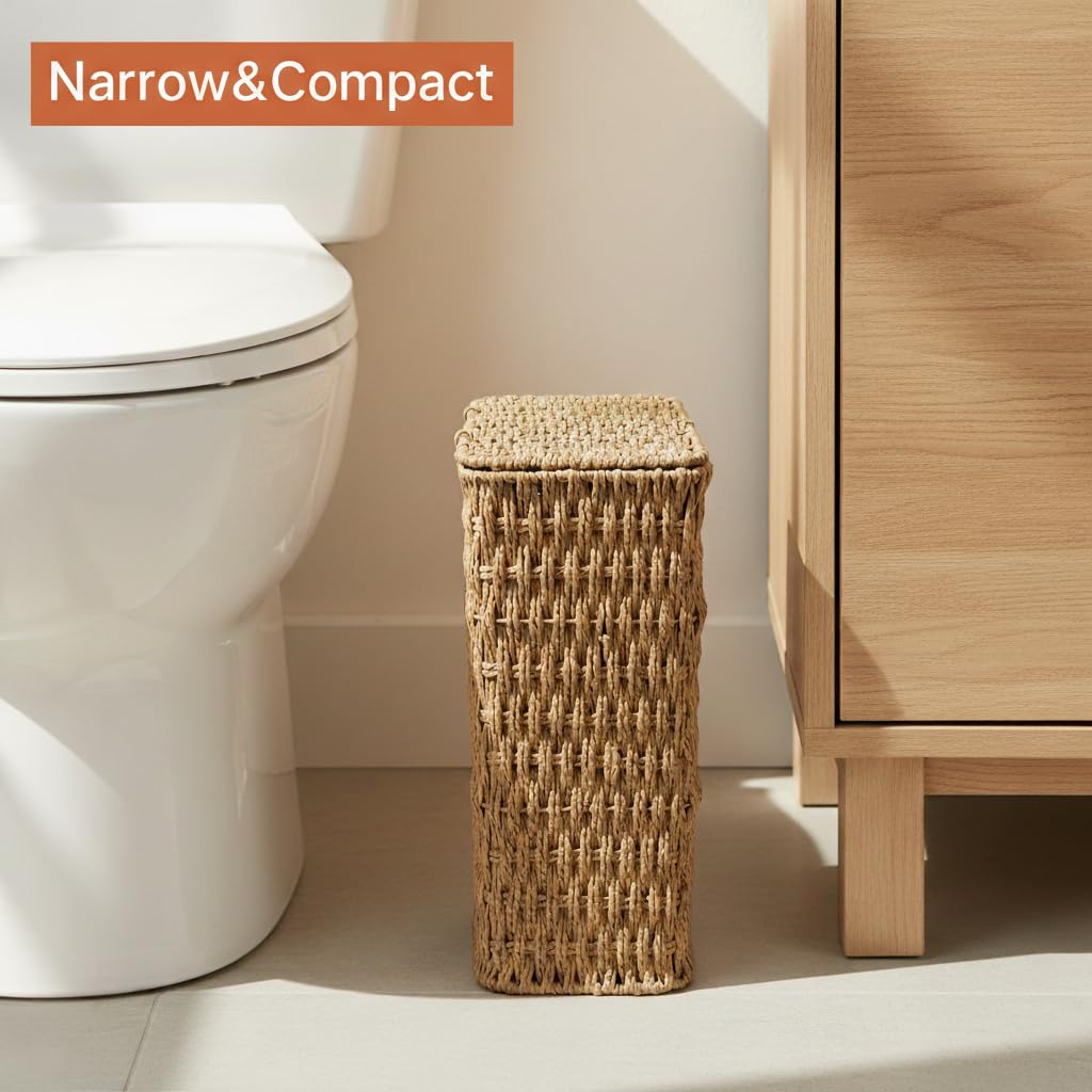 Coeusy 3 Gallon Wicker Trash Can,Small Bathroom Trash Can with Lid,Natural Water Hyacinth Wicker Waste Basket for Bedroom,Toilet,Narrow Garbage Can with Removable Liner
