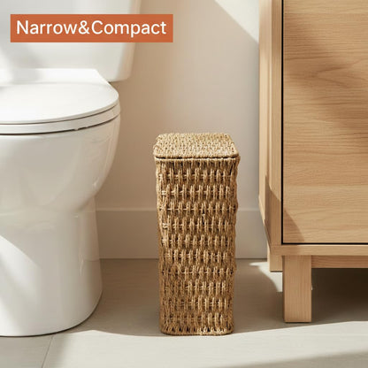 Coeusy 3 Gallon Wicker Trash Can,Small Bathroom Trash Can with Lid,Natural Water Hyacinth Wicker Waste Basket for Bedroom,Toilet,Narrow Garbage Can with Removable Liner