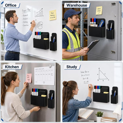 Magnetic Pen Holder, 2 Pack Magnetic Dry Erase Marker Holder, Black Strong Magnetic Marker Holder Pen Pencil Organizer for Whiteboard, Refrigerator, Office, Locker Accessories, Classroom Must Haves