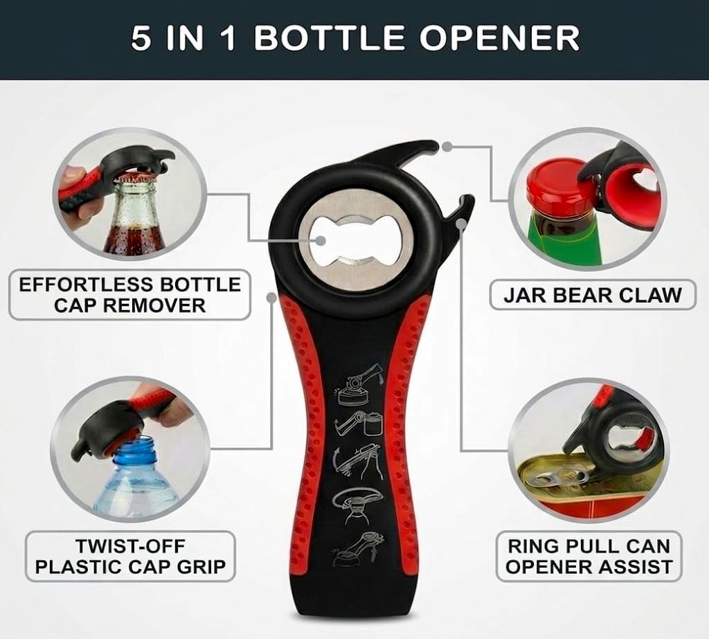 Jar Opener Bottle Opener for Weak Hands, Seniors with Arthritis 4PC-Set - Jar Lid, Can & Water Bottle Opener, Corkscrew Wine Opener, Non-Slip Rubber Jar Opener & Gripper Pad - Gifts for Parents