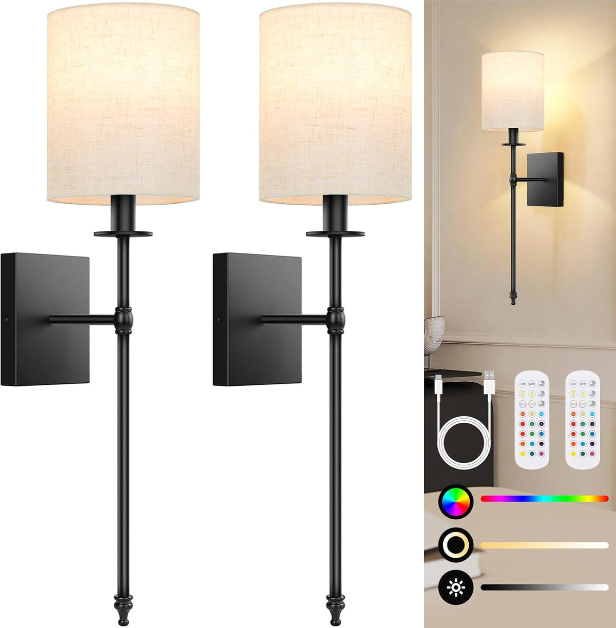 Battery Operated Wall Sconces Set of 2, Rechargeable Sconces with Remote