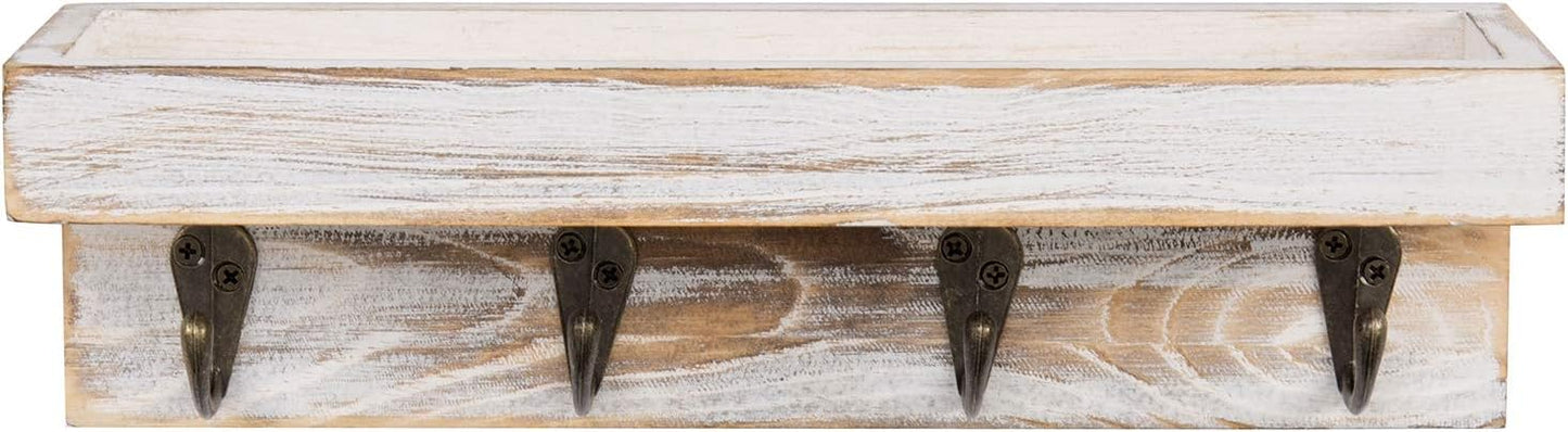 MyGift 10 Inch Brown Wood Wall Mounted Floating Shelf Key Rack with 4 Hooks | Four Metal Hooks, Space Saving Storage, Entryway Organization, Rustic Accent, Keys Mail Accessories Display