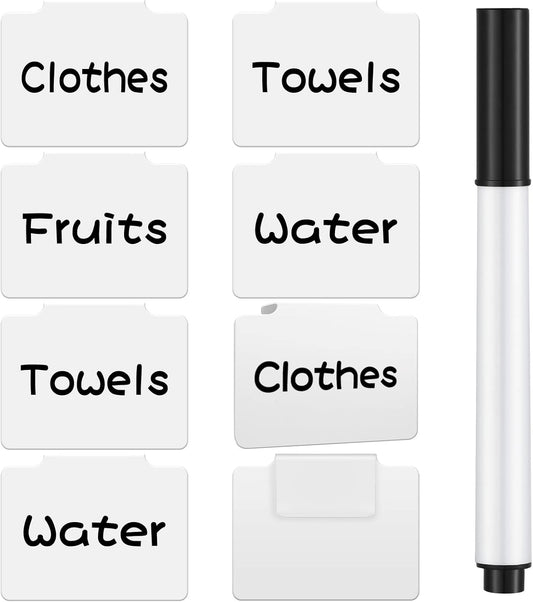 18 Pcs White Basket Labels Clip on, Removable Hanging Bin Labels for Storage Bin with Chalk Markers for Basket Kitchen Pantry