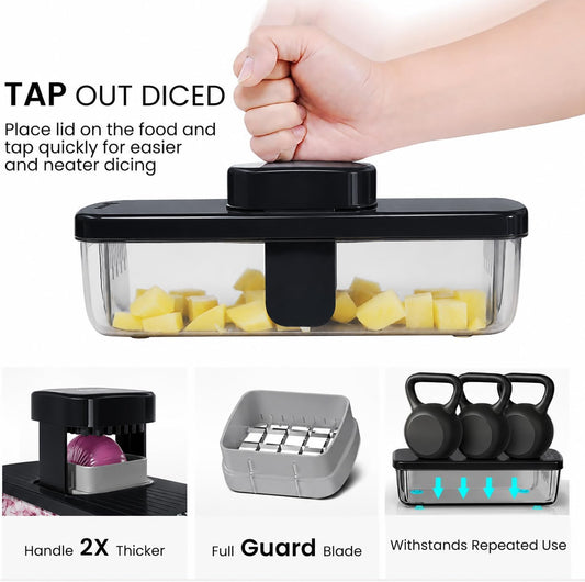 KEOUKE 8-in-1 Vertical Vegetable Chopper Mandoline Slicer with Container White - Safe Tap Out Dicer with Hand Guard for Kitchen Easy Food Prep, Onion Potato Veggie Fruit