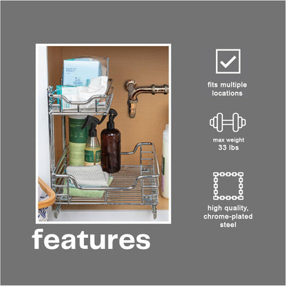 Household Essentials Glidez Multipurpose Chrome-Plated Steel Pull-Out/Slide-Out Storage Organizer for Cookware and Bakeware - 2-Tier Design - Fits Standard Size Cabinet or Shelf, Chrome
