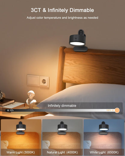 Clip on Light with 5000mAh Rechargeable Battery Operated, Eye Care Reading Light for Bed with 360° Rotation Touch & Remote, USB Clamp Light with 3 Color Modes & Dimmable for Headboard Bedside (black)
