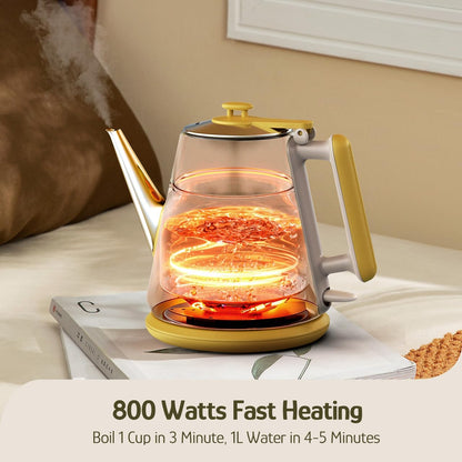 Hazel Quinn Electric Kettle, 1L/34oz Small Tea Kettle - Pearl White | 800W Fast Boil, 304 Stainless Steel Interior, Double-Wall Cool Touch, Gooseneck Spout, Auto Shut-Off, BPA-Free Cordless Home