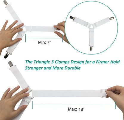 RayTour Bed Sheet Holder Straps 4 Pack - Elastic Sheet Keepers for Fitted Sheets | Four adjustable three-clip holders secure one fitted sheet; wide elastic straps help keep all four mattress corners in place.
