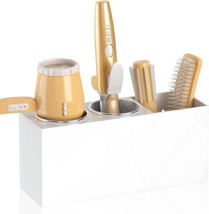 NIUBEE Hair Tool Organizer Wall Mount, Hair Dryer Holder for Bathroom,White | Acrylic Hair Organizer Storage Countertop, Blow Dryer Holder, Hot Tools Organizer for Curling Iron, Brush, 2 Stainless Cups