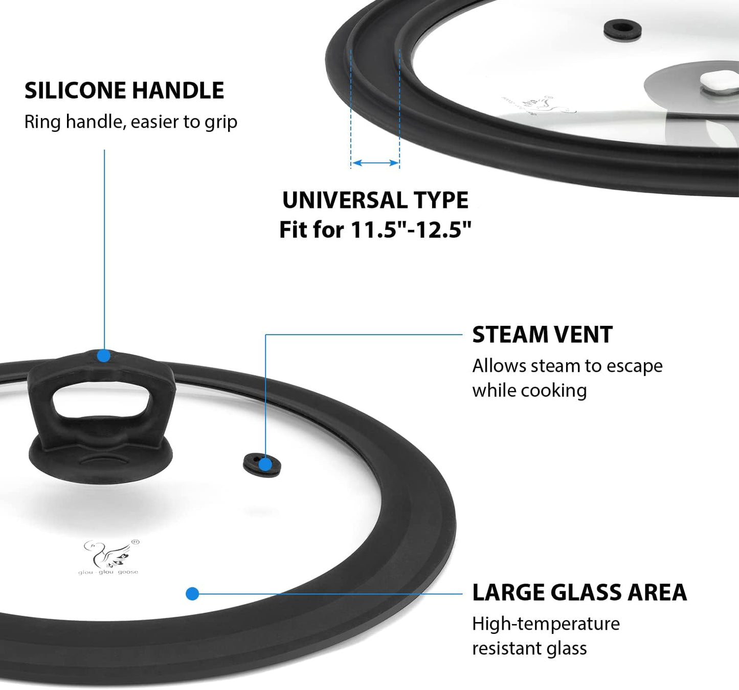 Vented Tempered Glass Universal Lid for Pot Pan Skillet with Heat Resistant Silicone Rim Microwave Splatter Lid Cover Microwave Safe Fit 11.5" 12" 12.5" Cookware, Dishwasher Safe Black