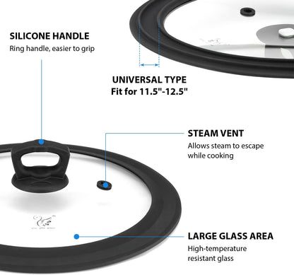 Vented Tempered Glass Universal Lid for Pot Pan Skillet with Heat Resistant Silicone Rim Microwave Splatter Lid Cover Microwave Safe Fit 11.5" 12" 12.5" Cookware, Dishwasher Safe Black